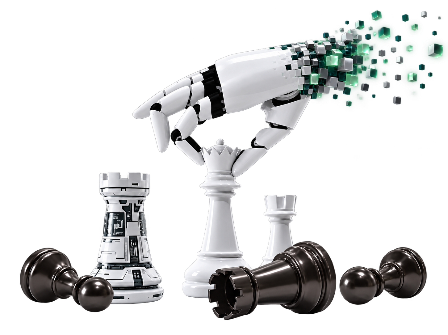 Robotska šaka sa šahovskim figurama prelazi u zelene digitalne čestice s desne strane